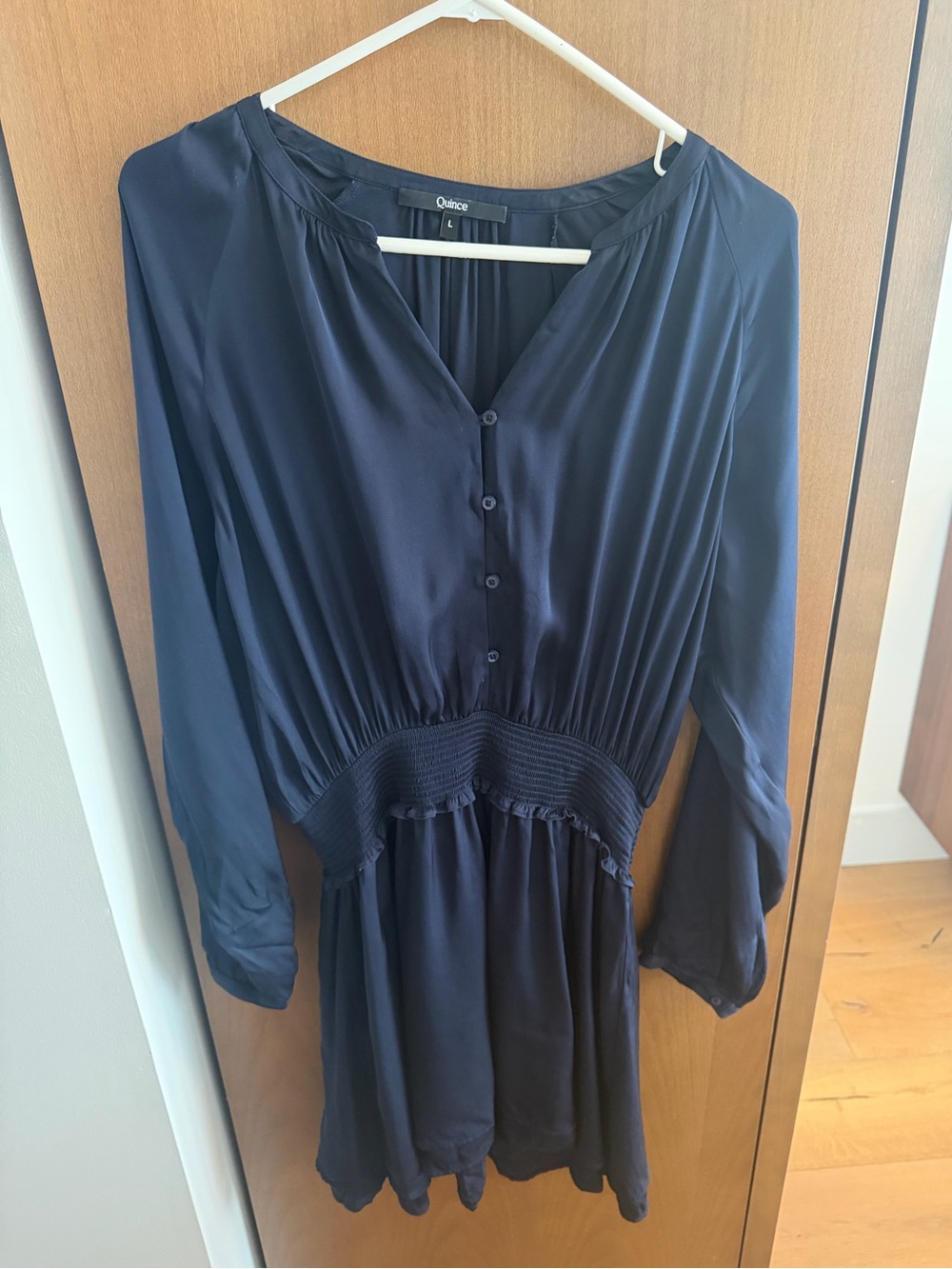 Quince Navy Silk Long-Sleeve Dress, Size L